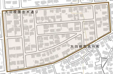 大羽根園呉竹町とその周辺の地図。町の範囲を重ねている