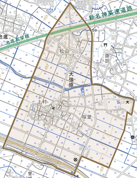 大字大強原とその周辺の地図。町の範囲を重ねている