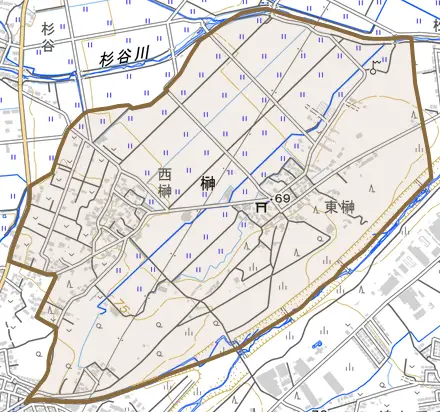 大字榊とその周辺の地図。町の範囲を重ねている