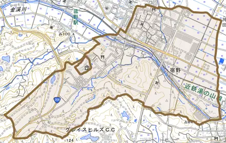 大字宿野とその周辺の地図。町の範囲を重ねている