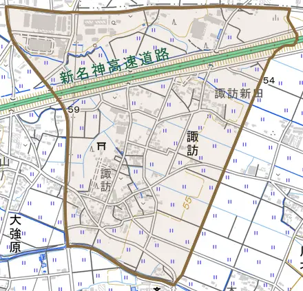 大字諏訪とその周辺の地図。町の範囲を重ねている