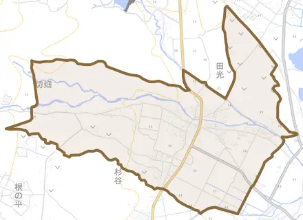 大字田光とその周辺の地図。町の範囲を重ねている