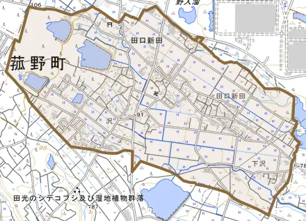 大字田口新田とその周辺の地図。町の範囲を重ねている