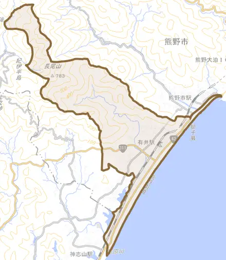有馬町とその周辺の地図。町の範囲を重ねている