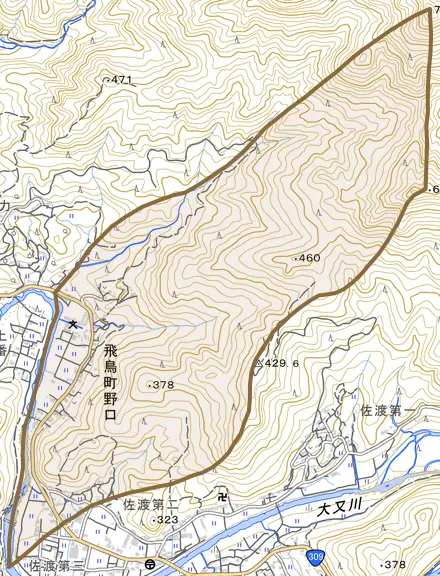 飛鳥町野口とその周辺の地図。町の範囲を重ねている