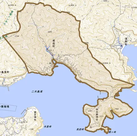 甫母町とその周辺の地図。町の範囲を重ねている
