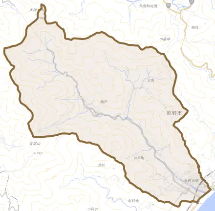 井戸町とその周辺の地図。町の範囲を重ねている