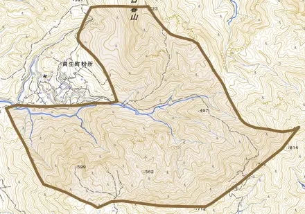 育生町粉所とその周辺の地図。町の範囲を重ねている
