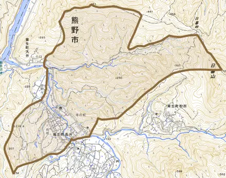 育生町長井とその周辺の地図。町の範囲を重ねている