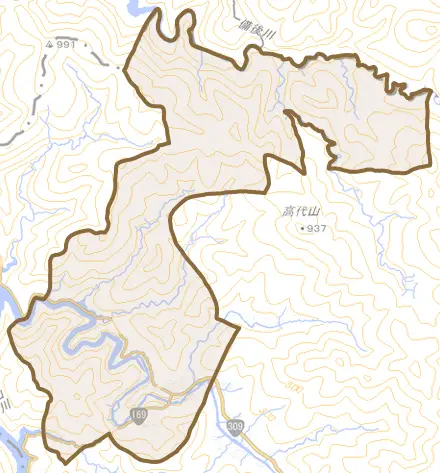 五郷町桃崎とその周辺の地図。町の範囲を重ねている