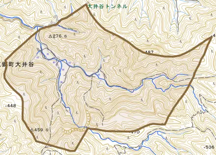 五郷町大井谷とその周辺の地図。町の範囲を重ねている