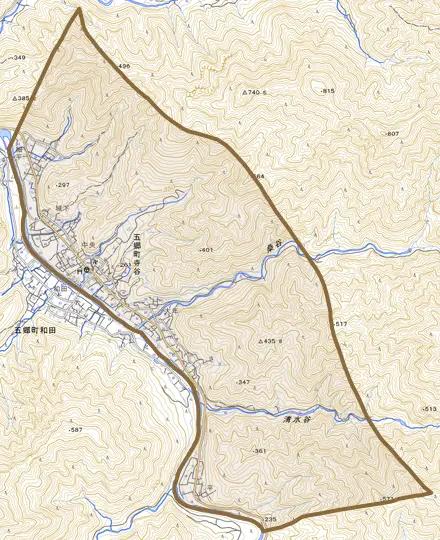 五郷町寺谷とその周辺の地図。町の範囲を重ねている