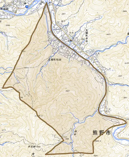 五郷町和田とその周辺の地図。町の範囲を重ねている