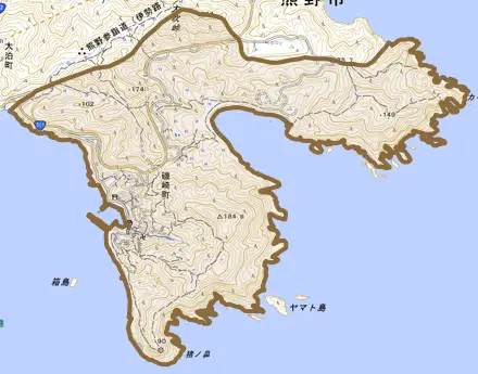 磯崎町とその周辺の地図。町の範囲を重ねている