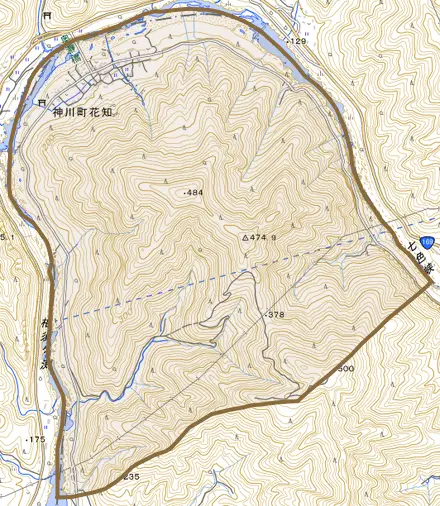 神川町花知とその周辺の地図。町の範囲を重ねている
