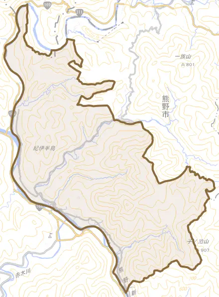 紀和町花井とその周辺の地図。町の範囲を重ねている