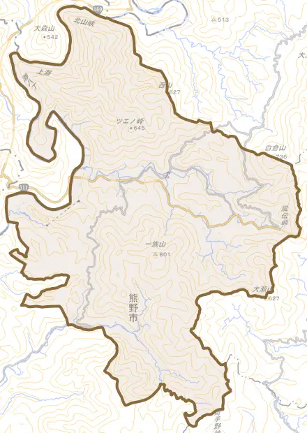 紀和町木津呂とその周辺の地図。町の範囲を重ねている