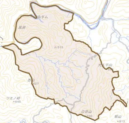 紀和町小森とその周辺の地図。町の範囲を重ねている