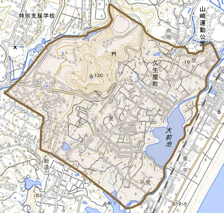 久生屋町とその周辺の地図。町の範囲を重ねている
