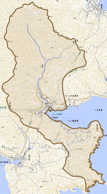 二木島町とその周辺の地図。町の範囲を重ねている
