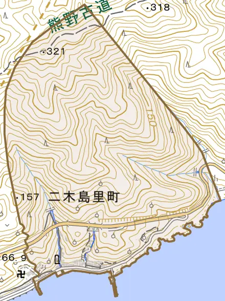 二木島里町とその周辺の地図。町の範囲を重ねている