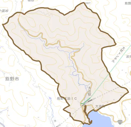 大泊町とその周辺の地図。町の範囲を重ねている