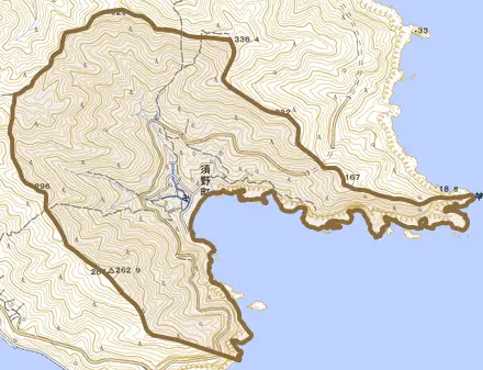 須野町とその周辺の地図。町の範囲を重ねている