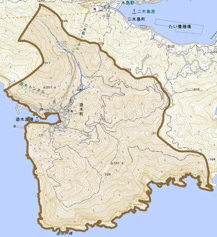 遊木町とその周辺の地図。町の範囲を重ねている