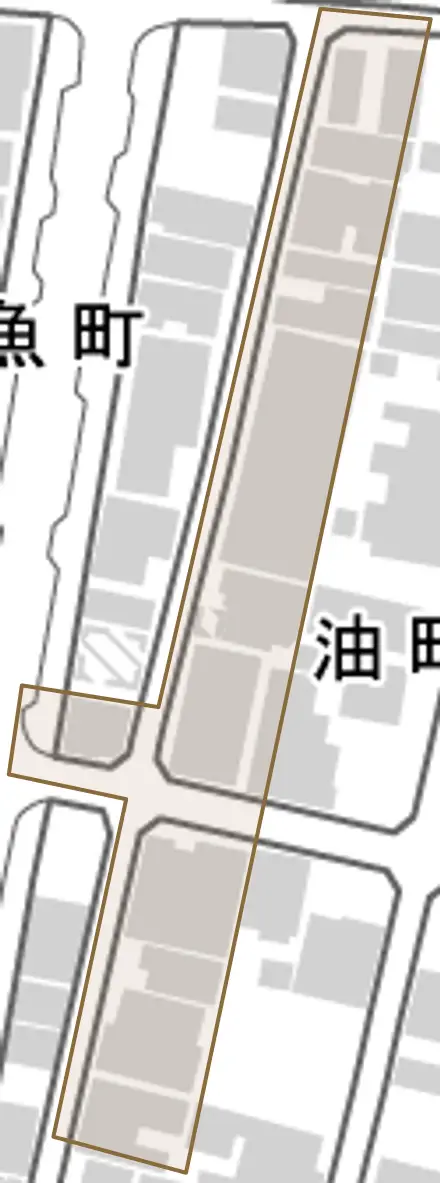油町とその周辺の地図。町の範囲を重ねている