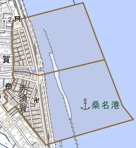 大字赤須賀とその周辺の地図。町の範囲を重ねている