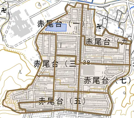 赤尾台とその周辺の地図。町の範囲を重ねている