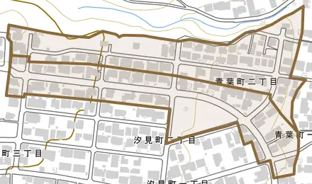 青葉町とその周辺の地図。町の範囲を重ねている
