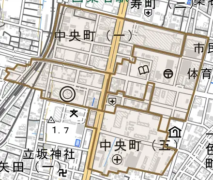 中央町とその周辺の地図。町の範囲を重ねている