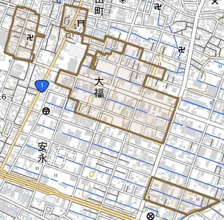 大字大福とその周辺の地図。町の範囲を重ねている