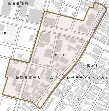 大央町とその周辺の地図。町の範囲を重ねている