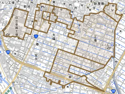 大字江場とその周辺の地図。町の範囲を重ねている