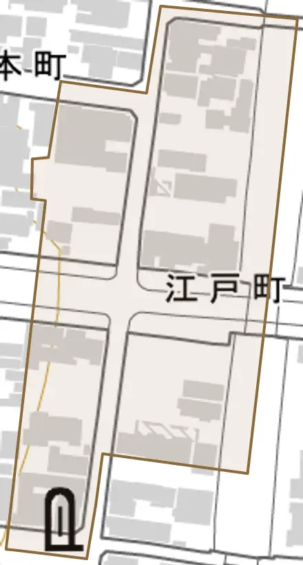 江戸町とその周辺の地図。町の範囲を重ねている