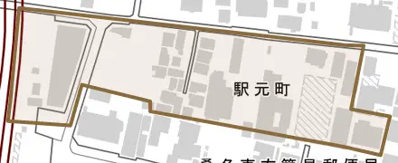 駅元町とその周辺の地図。町の範囲を重ねている