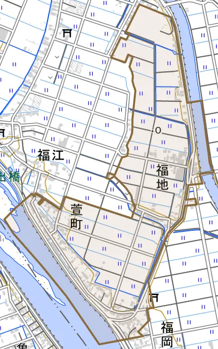 大字福地とその周辺の地図。町の範囲を重ねている