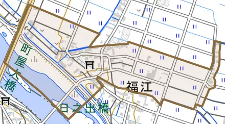 大字福江とその周辺の地図。町の範囲を重ねている