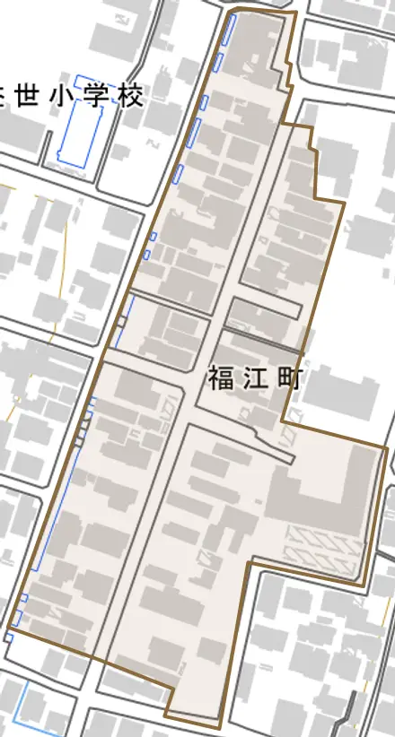 福江町とその周辺の地図。町の範囲を重ねている
