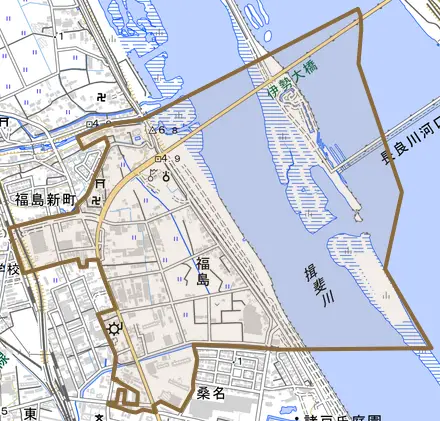 大字福島とその周辺の地図。町の範囲を重ねている
