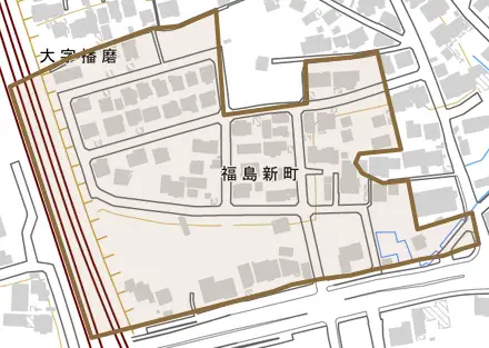 福島新町とその周辺の地図。町の範囲を重ねている