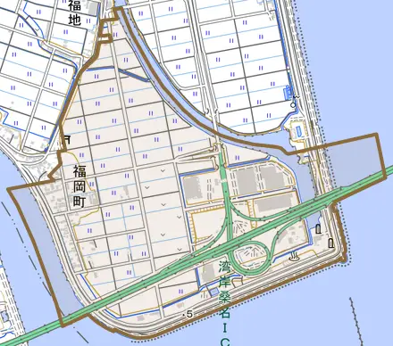 大字福岡町とその周辺の地図。町の範囲を重ねている
