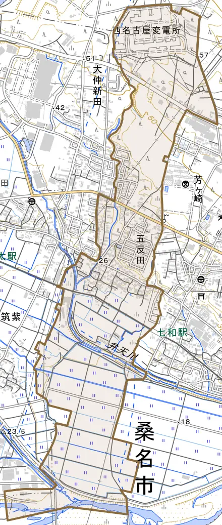 大字五反田とその周辺の地図。町の範囲を重ねている