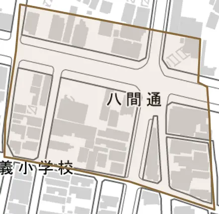 八間通とその周辺の地図。町の範囲を重ねている