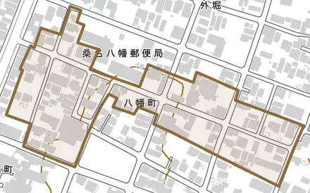 八幡町とその周辺の地図。町の範囲を重ねている
