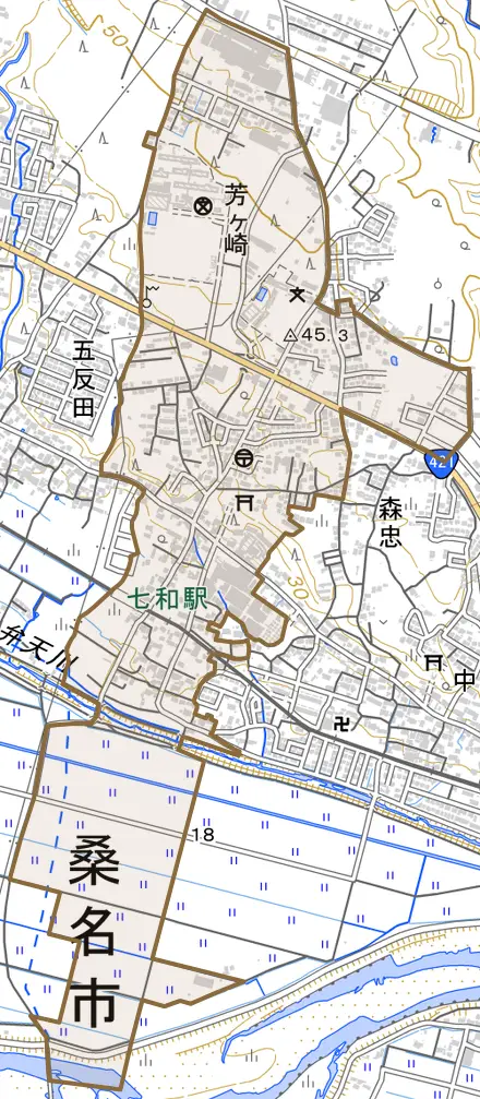 大字芳ケ崎とその周辺の地図。町の範囲を重ねている