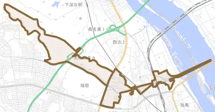 大字播磨とその周辺の地図。町の範囲を重ねている