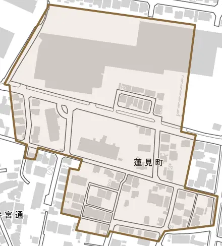 蓮見町とその周辺の地図。町の範囲を重ねている